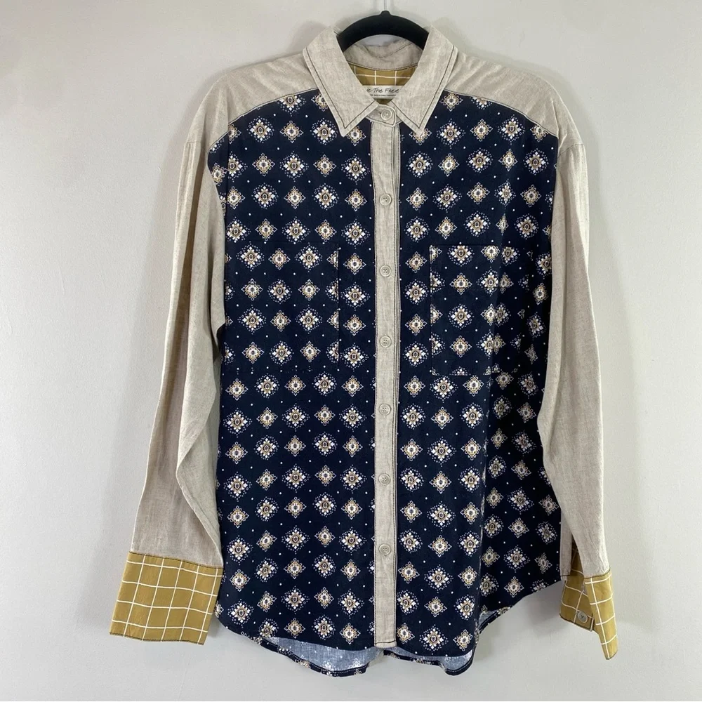 Free People We The Free Women’s Navy and Beige Patterned Button Down Shirt M - Picture 5 of 13
